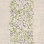Detail of fabric in a floral stripe print in green, gray and purple on a cream field.
