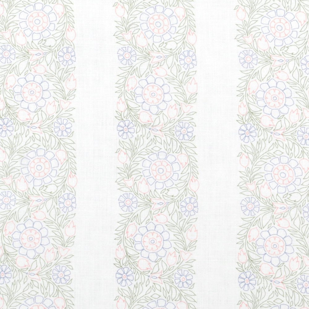 Detail of fabric in a floral stripe print in pastel green, blue and pink on a white field.