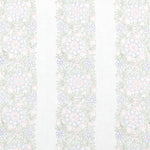 Detail of fabric in a floral stripe print in pastel green, blue and pink on a white field.