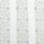 Detail of fabric in a floral stripe print in green, blue and navy on a white field.