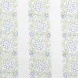 Detail of fabric in a floral stripe print in green, blue and navy on a white field.