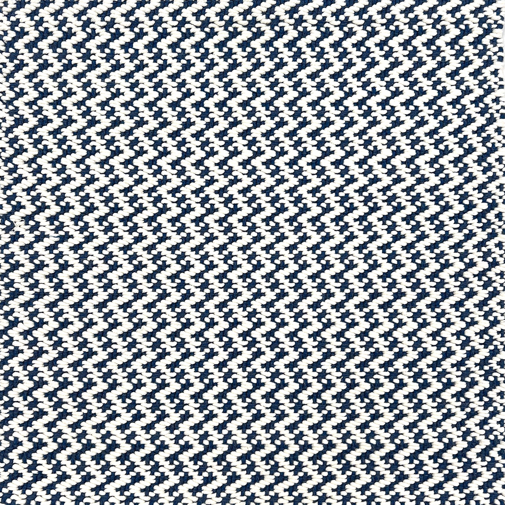 Indoor-Outdoor rug in a small scale zig zag stripe in white and blue.
