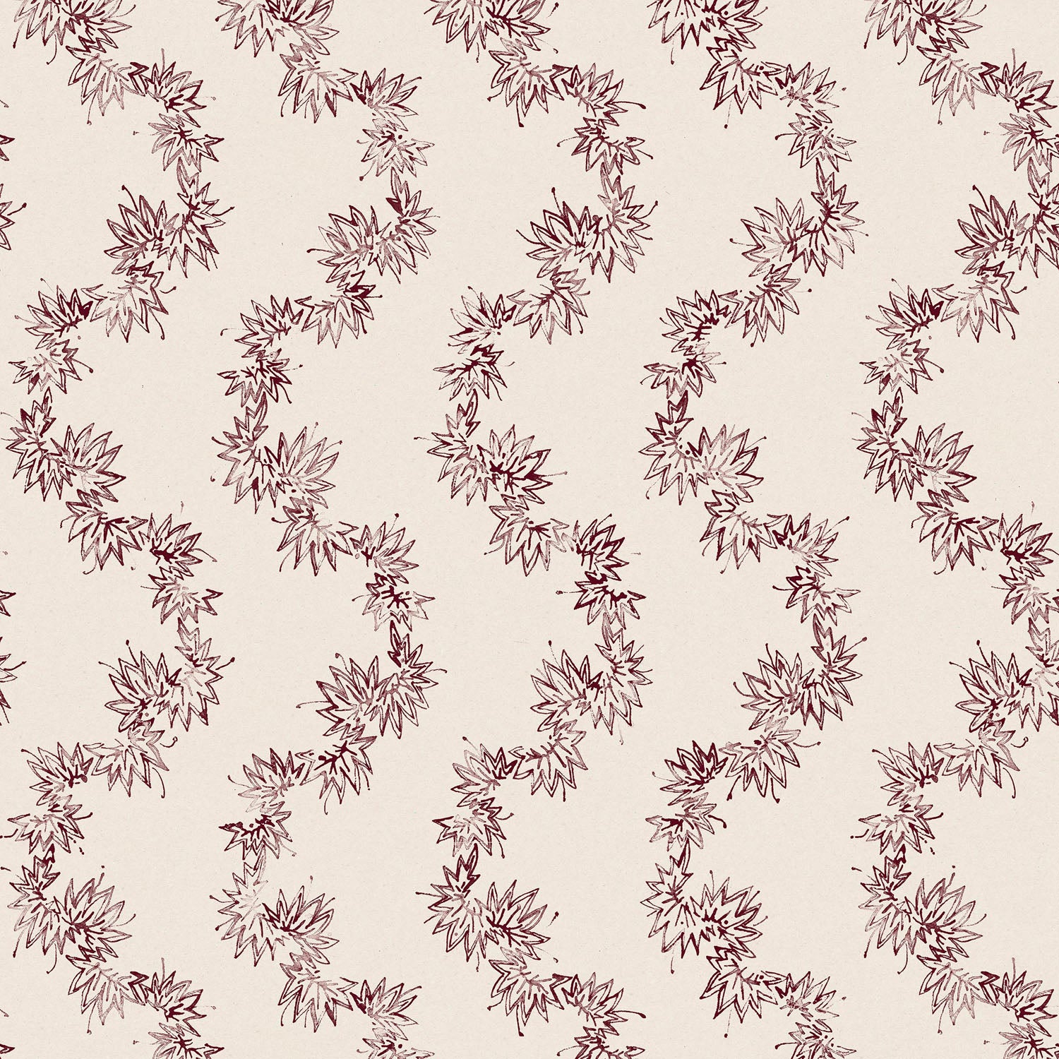 Fabric with stripe pattern of stylized dark wine purple leaves on a beige background