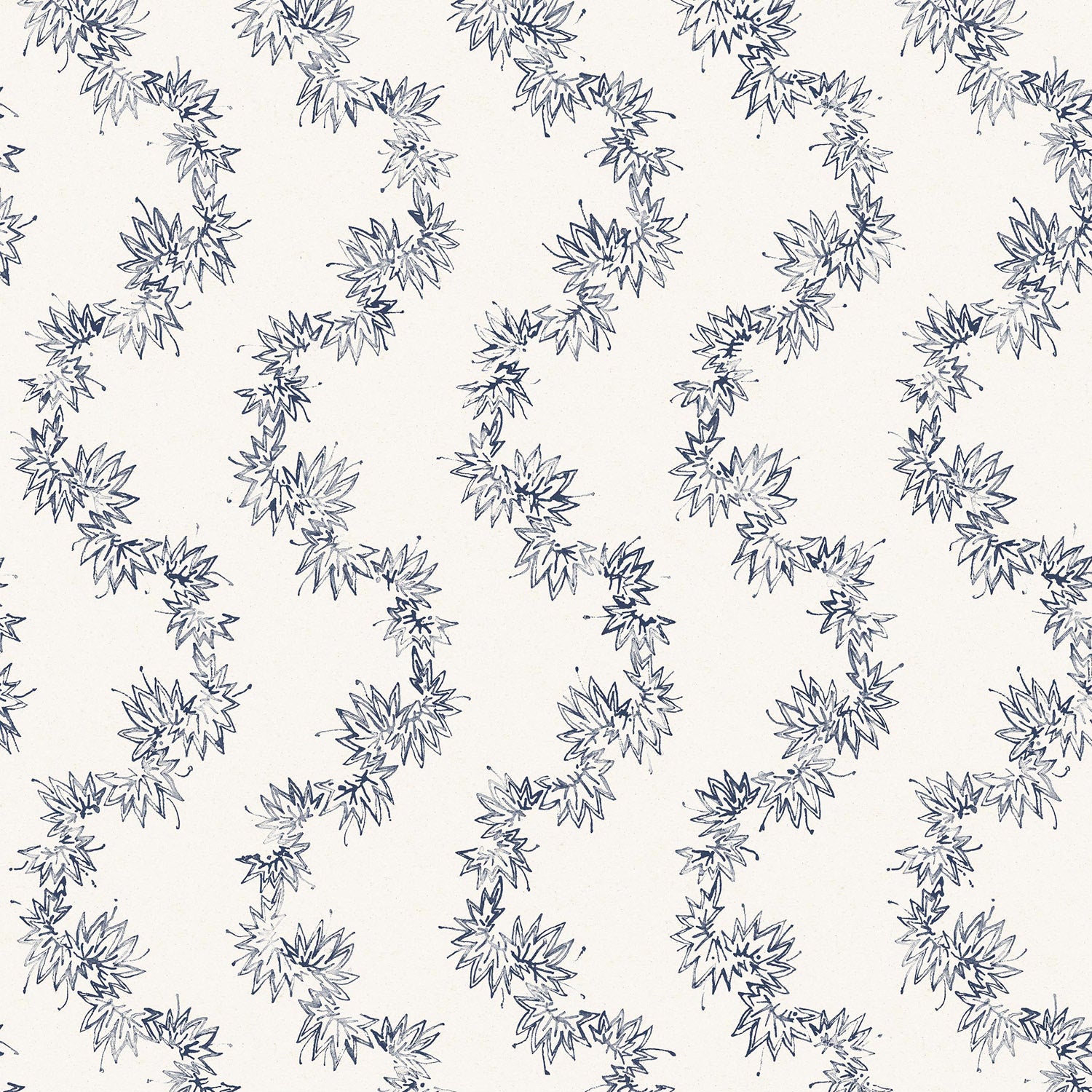 Wallpaper with stripe pattern of stylized dark blue leaves on a cream background