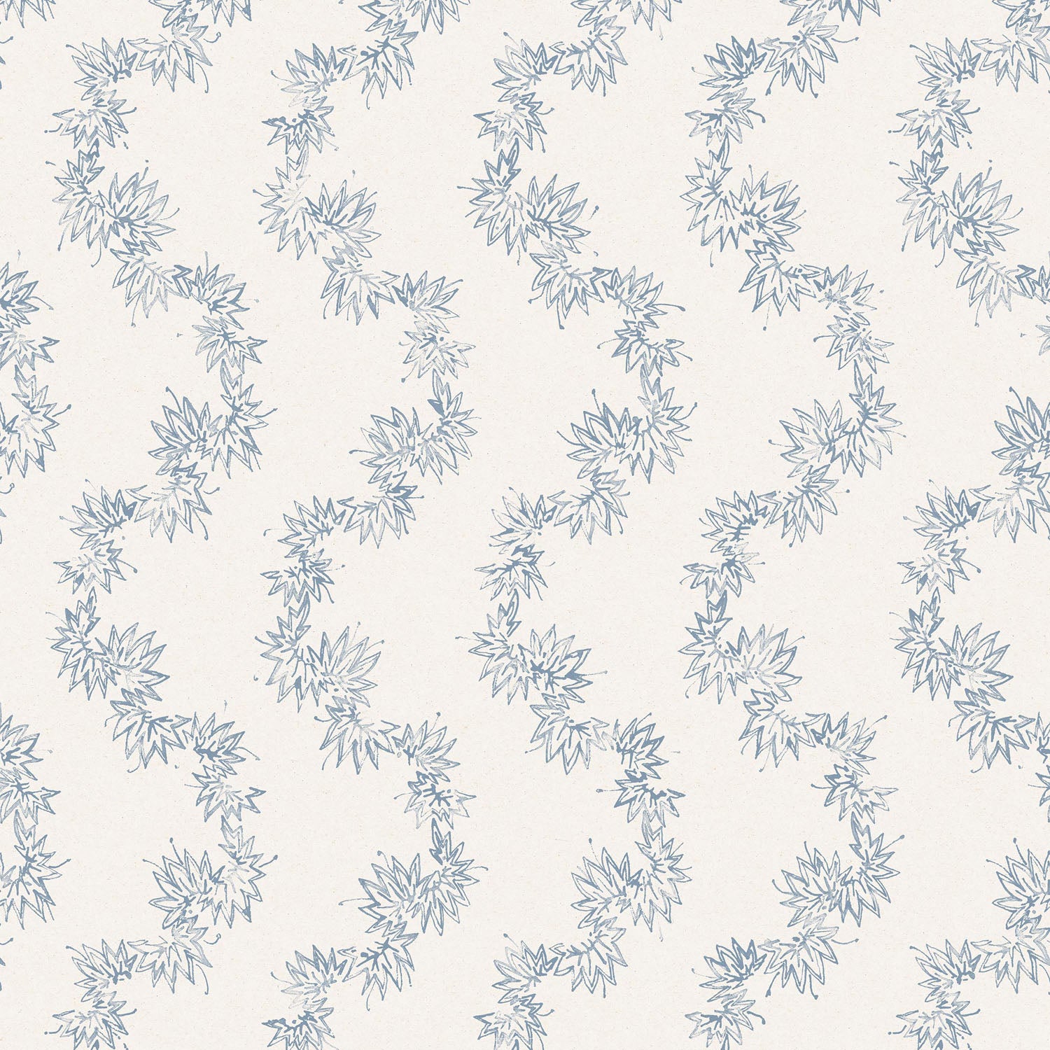 Fabric with stripe pattern of stylized  blue leaves on a cream background
