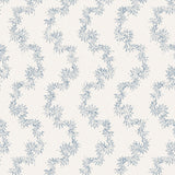 Fabric with stripe pattern of stylized  blue leaves on a cream background