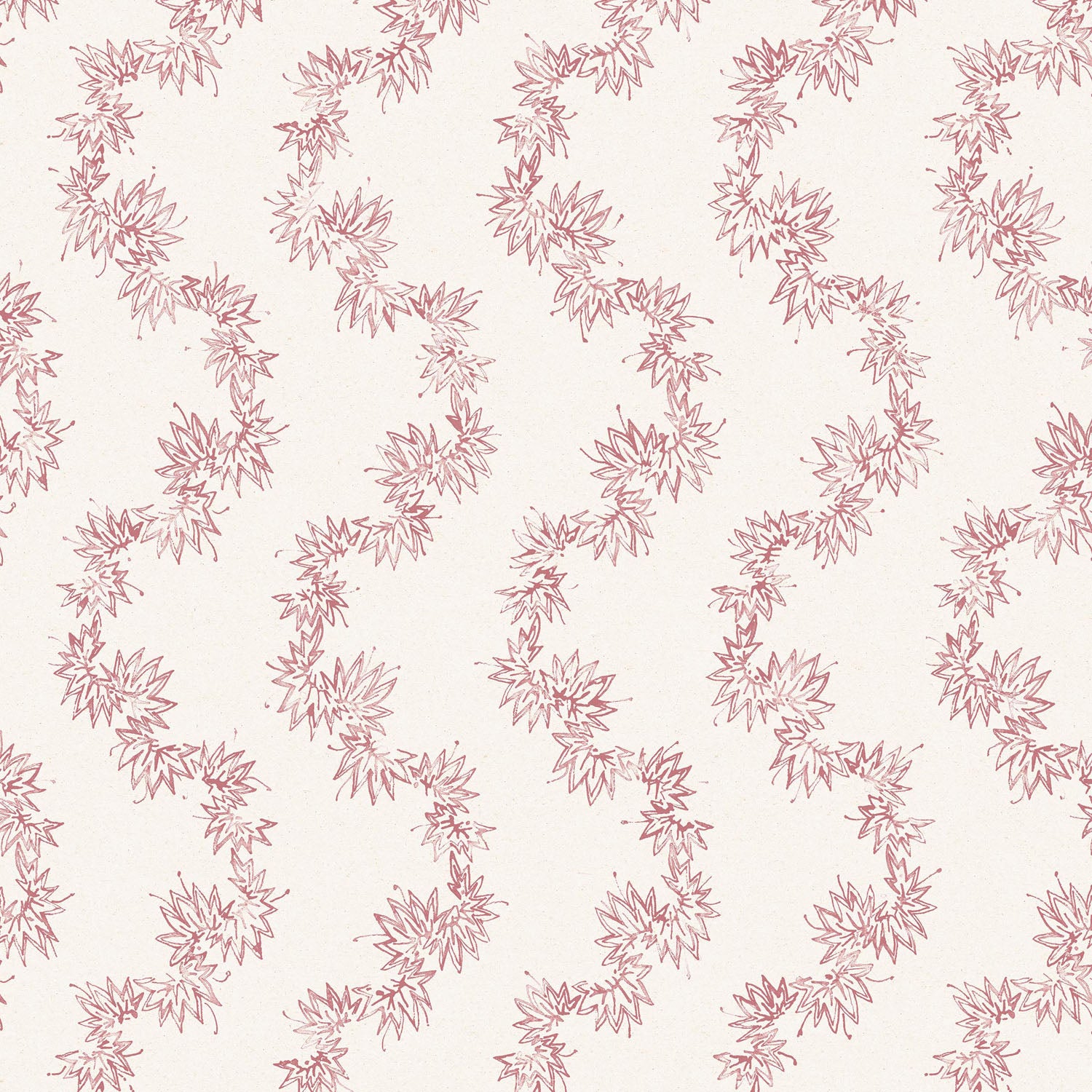 Fabric with stripe pattern of stylized pink leaves on a beige background