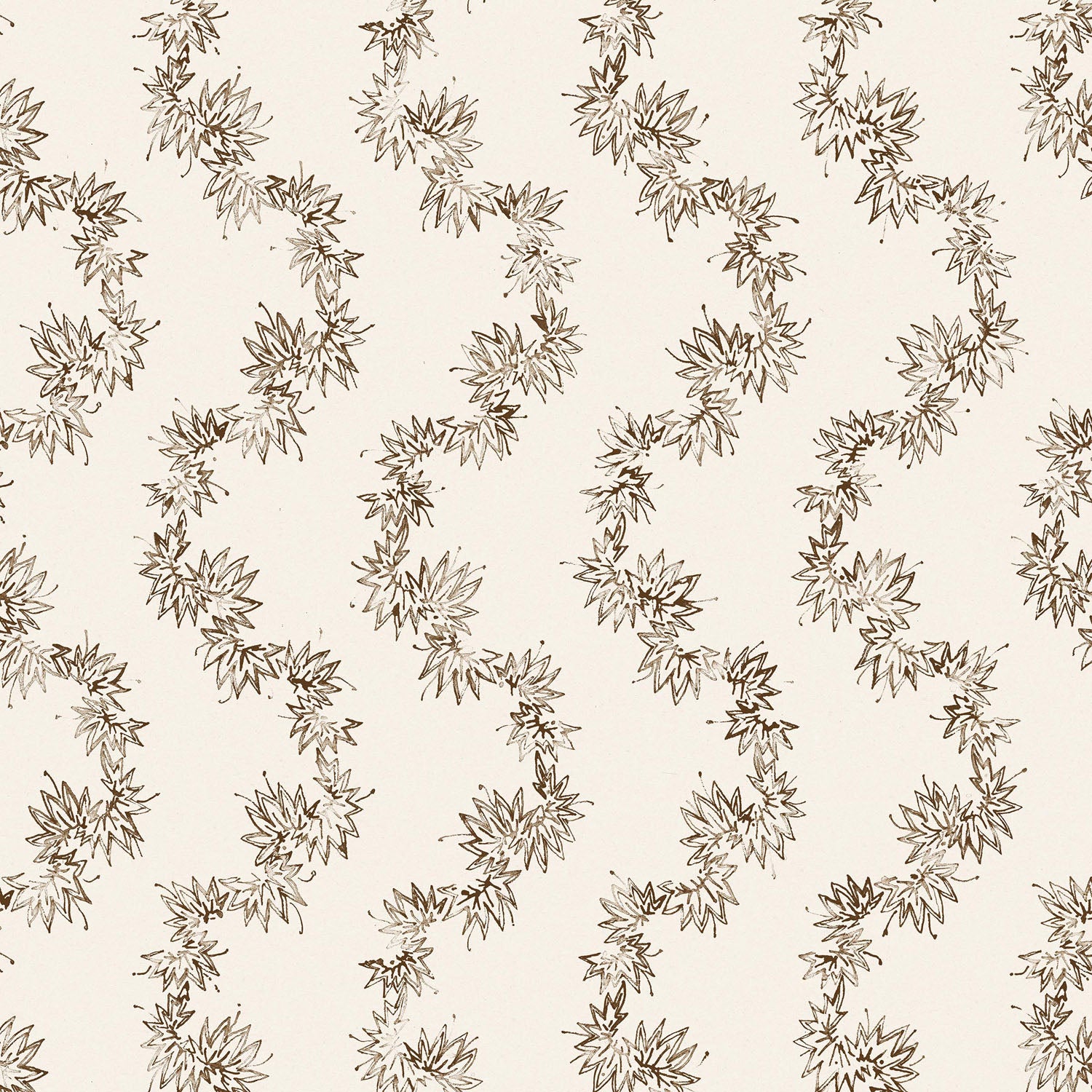 Fabric with stripe pattern of stylized dark brown leaves on a beige background