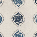 Fabric with a repeating floral print in tan and navy on a cream field.
