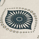 Detail of fabric with a repeating floral print in tan and navy on a cream field.