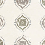 Fabric with a repeating floral print in brown and charcoal on a cream field.