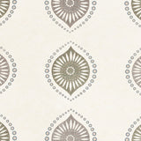 Fabric with a repeating floral print in brown and charcoal on a cream field.