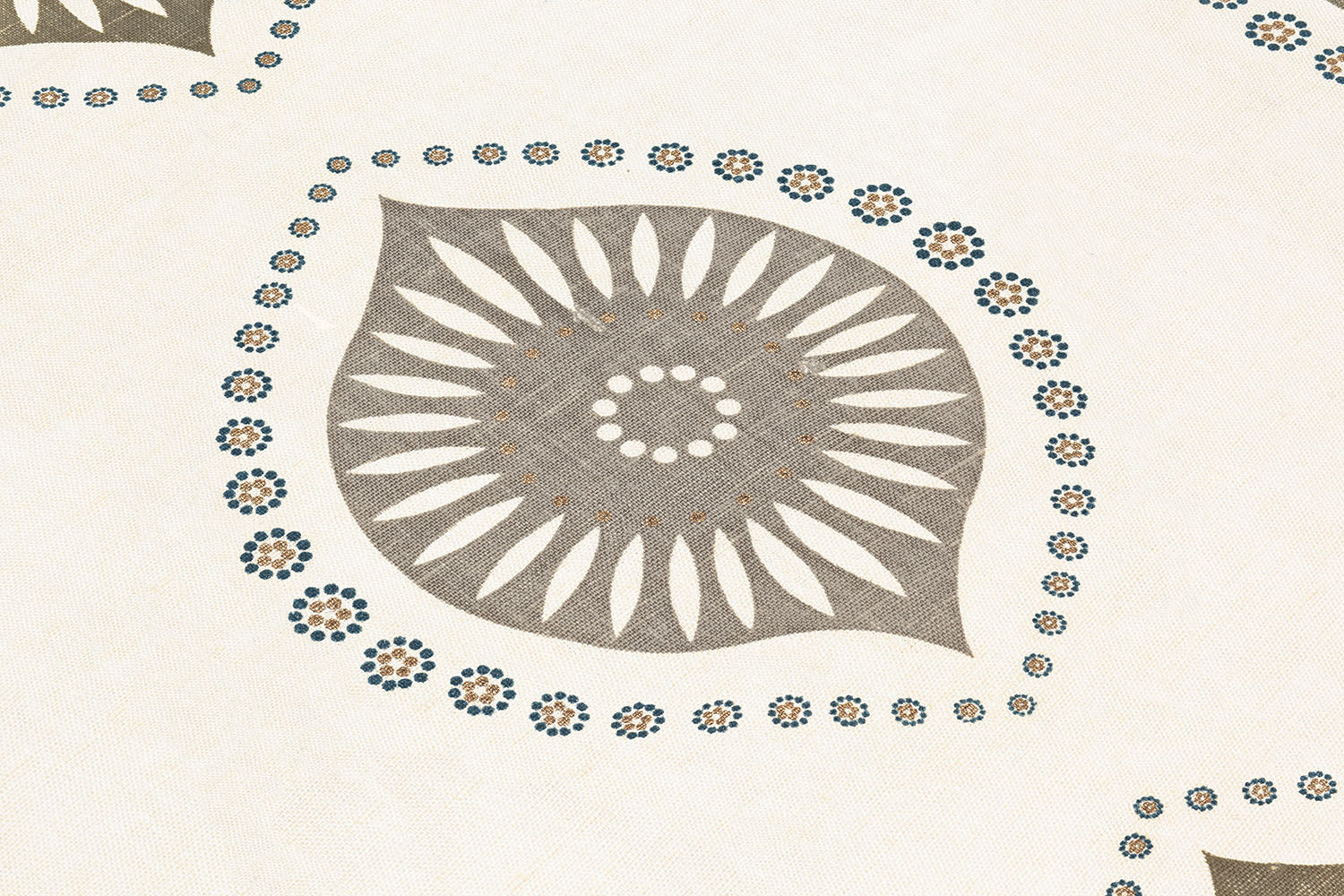 Detail of fabric with a repeating floral print in brown and charcoal on a cream field.