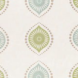 Fabric with a repeating floral print in blue, green and tan on a cream field.