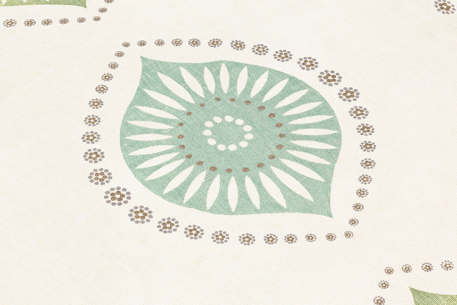 Detail of fabric with a repeating floral print in blue, green and tan on a cream field.