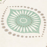 Detail of fabric with a repeating floral print in blue, green and tan on a cream field.