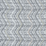 Broadloom carpet in a graphic herringbone stripe in black with pastel accents on a white field. 