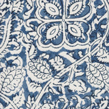 Detail of fabric in a painterly floral paisley in shades of blue and navy on a white field.
