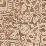 Detail of fabric in a painterly floral paisley in shades of brown on a tan field.