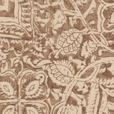 Detail of fabric in a painterly floral paisley in shades of brown on a tan field.