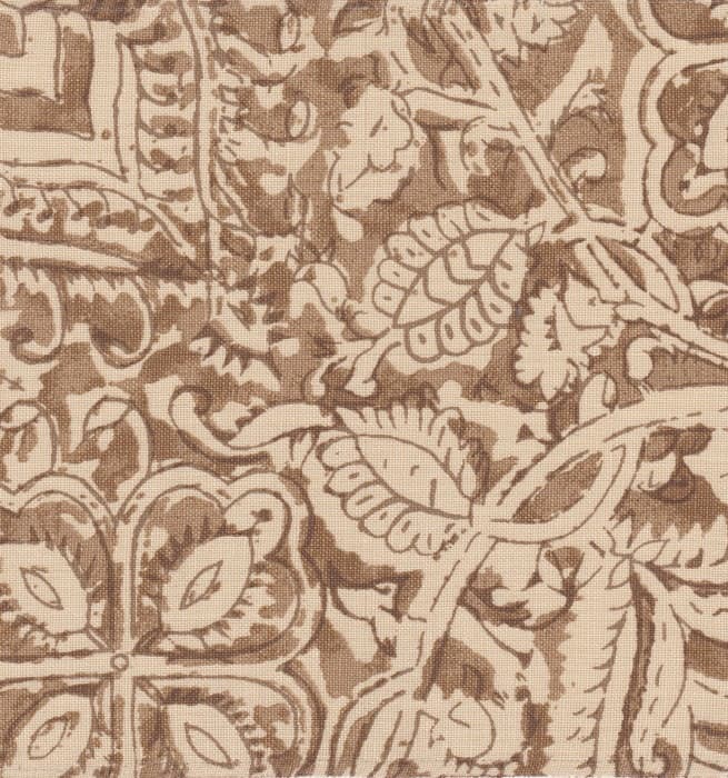 Detail of fabric in a painterly floral paisley in shades of brown on a tan field.