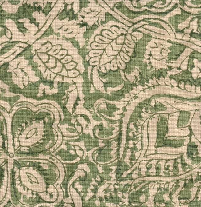 Detail of fabric in a painterly floral paisley in shades of green on a tan field.