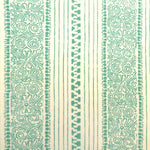 Detail of fabric in a botanical stripe print in turquoise on a cream field.
