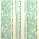 Detail of fabric in a botanical stripe print in turquoise on a cream field.