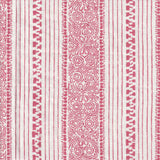 Detail of fabric in a botanical stripe print in pink on a white field.