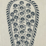 Detail of fabric in an intricate paisley print in indigo on a cream field.