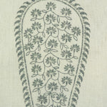 Detail of fabric in an intricate paisley print in sage on a cream field.