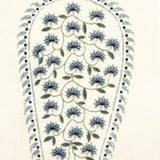 Detail of fabric in an intricate paisley print in shades of blue, gray and orange on a cream field.