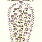 Detail of fabric in an intricate paisley print in shades of purple, green and pink on a cream field.