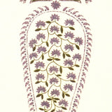 Detail of fabric in an intricate paisley print in shades of purple, green and pink on a cream field.