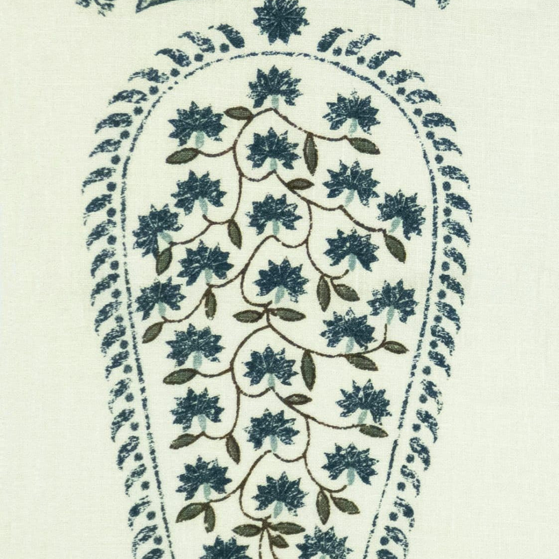 Detail of fabric in an intricate paisley print in shades of blue and green on a cream field.