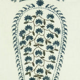 Detail of fabric in an intricate paisley print in shades of blue and green on a cream field.