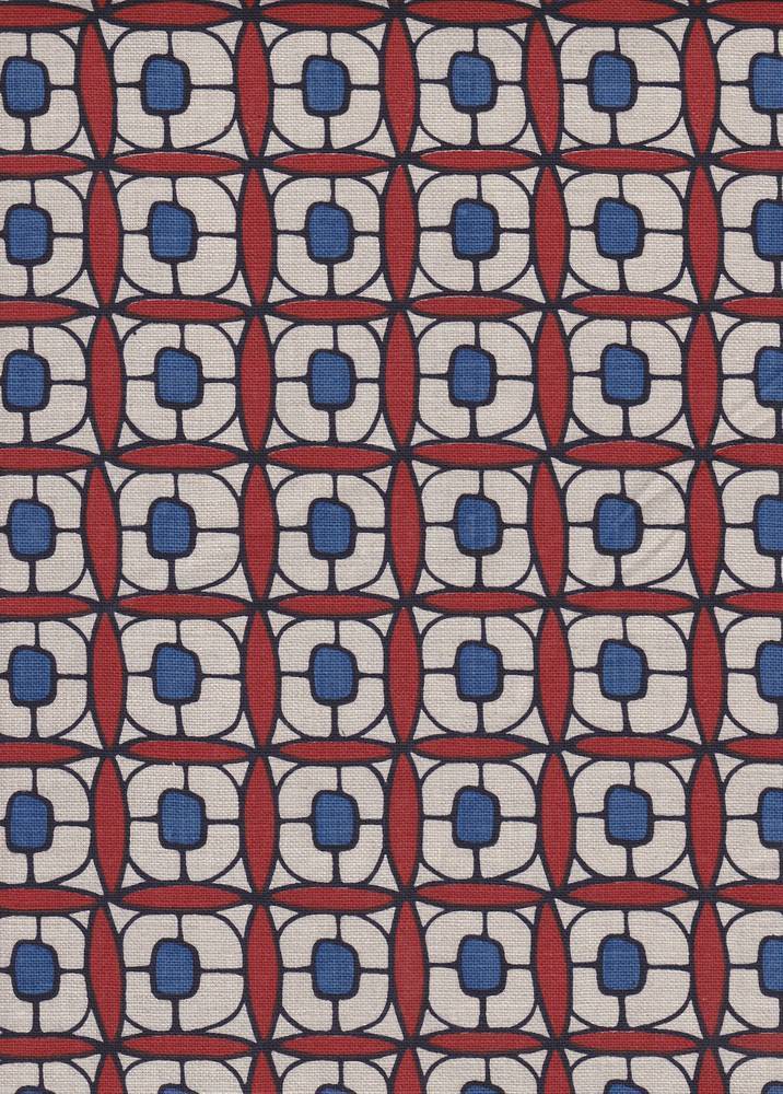 Detail of fabric in a geometric lattice print in red, navy, brown and black.
