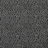 Detail of fabric in a minimalist wood grain print in white on a charcoal field.