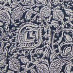 Detail of fabric in a painterly floral paisley in shades of gray and indigo.