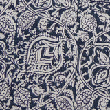 Detail of fabric in a painterly floral paisley in shades of gray and indigo.