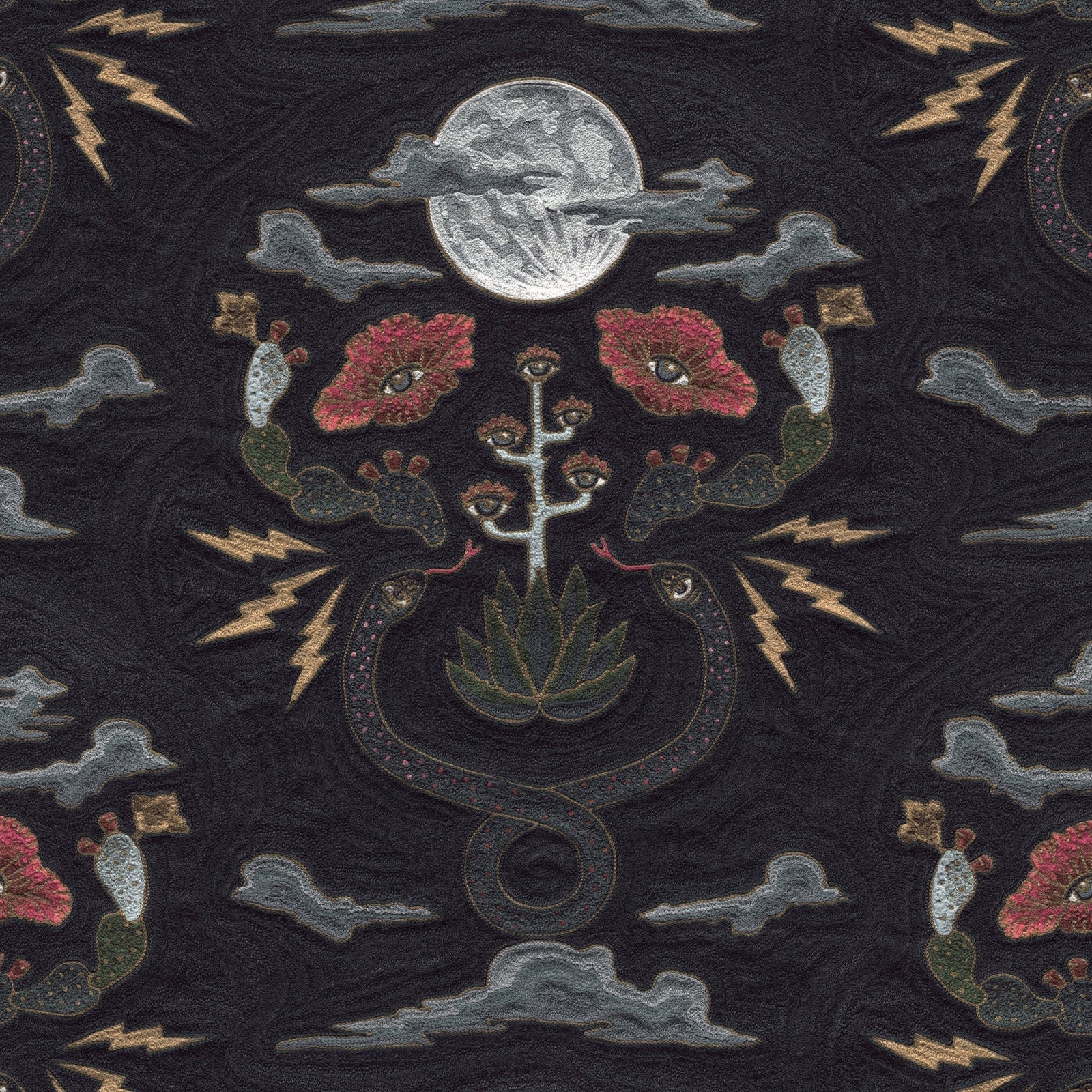 Detail of fabric in a playful snake, plant and moon print in shades of red, brown and gray.