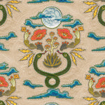 Detail of fabric in a playful snake, plant and moon print in jewel tones with rhinestone accents on a tan field. 