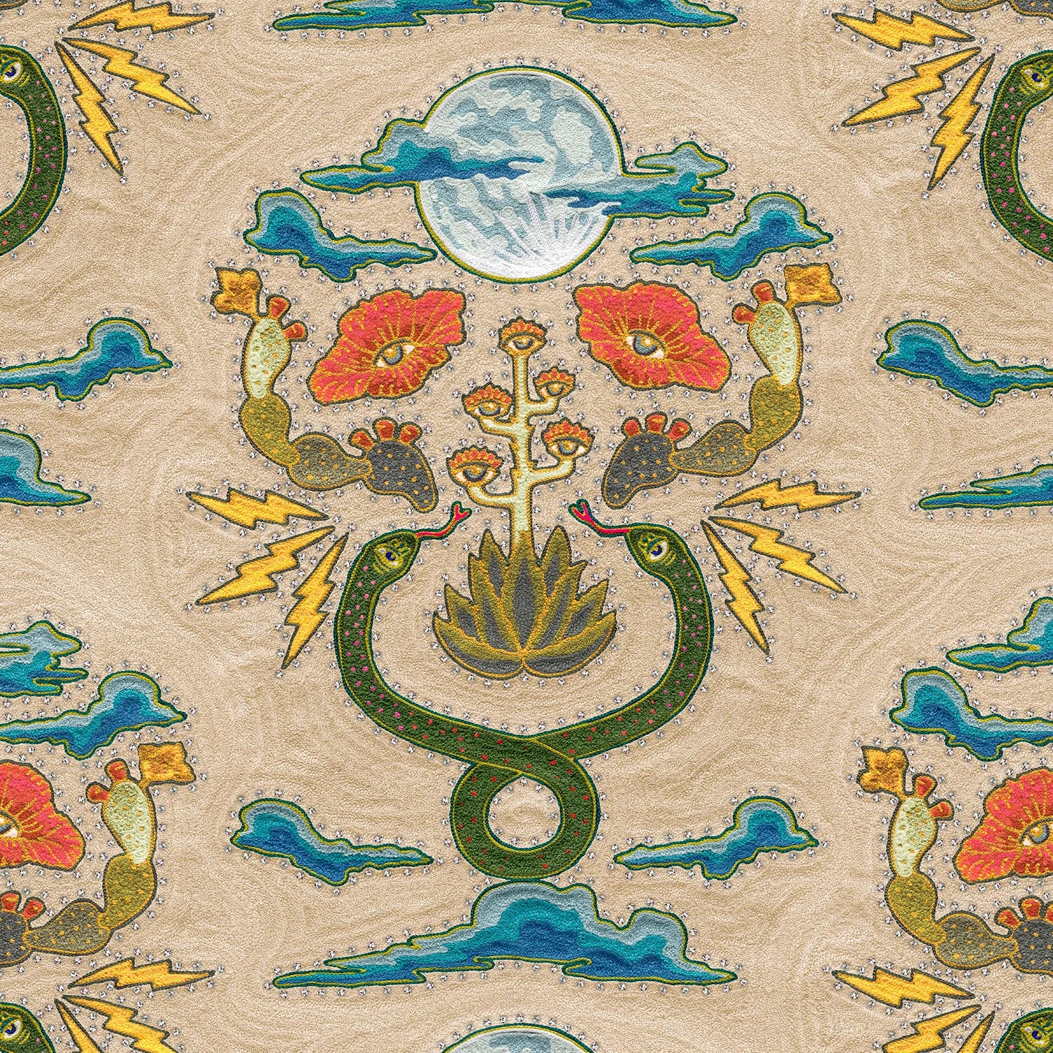 Detail of fabric in a playful snake, plant and moon print in jewel tones with rhinestone accents on a tan field. 