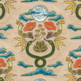 Detail of fabric in a playful snake, plant and moon print in jewel tones with rhinestone accents on a tan field. 