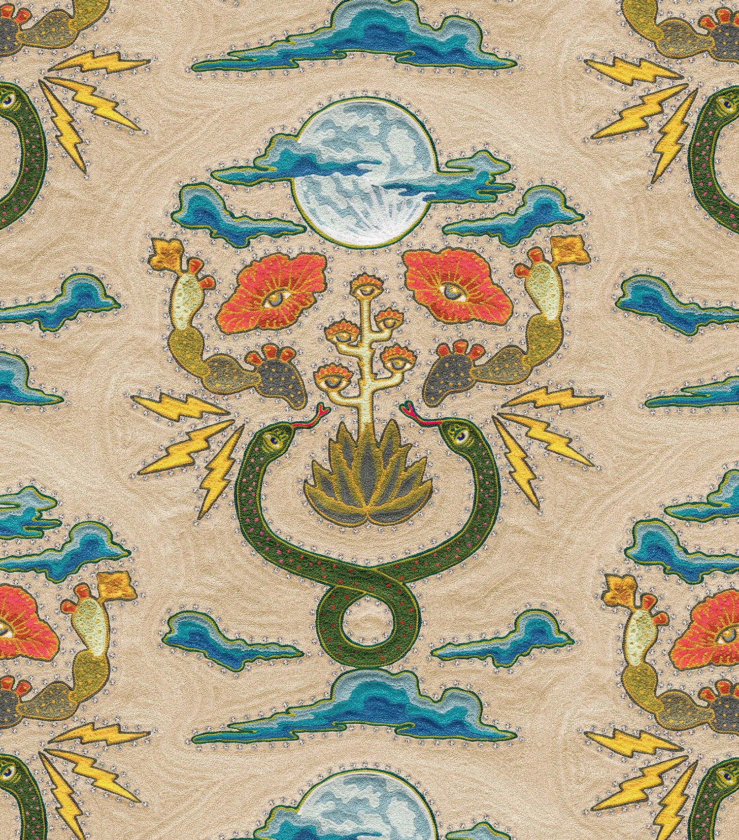 Detail of fabric in a playful snake, plant and moon print in jewel tones with rhinestone accents on a tan field. 