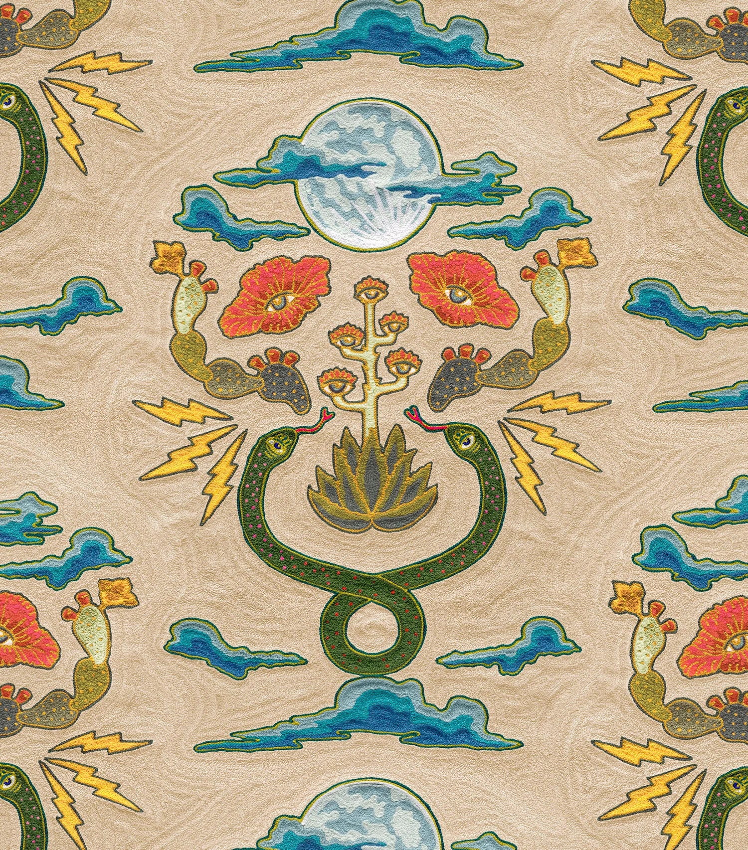 Detail of fabric in a playful snake, plant and moon print in jewel tones on a tan field. 