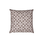 Square throw pillow with a repeating linear pattern of interlocking Moroccan tiles in brown on a greige field.
