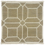 Woven rug swatch with a ivory lattice pattern on a taupe field with ivory fringe edges at top and bottom