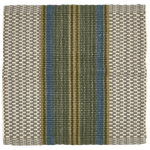 Woven rug with horizontal stripes in blue, green, and gray on a white background