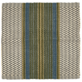 Woven rug with horizontal stripes in blue, green, and gray on a white background